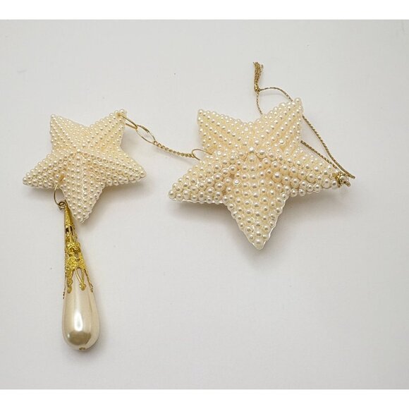 Vintage Faux Pearl Beaded Star Christmas Tree Ornament Dangle with Gold Accents - Picture 2 of 7